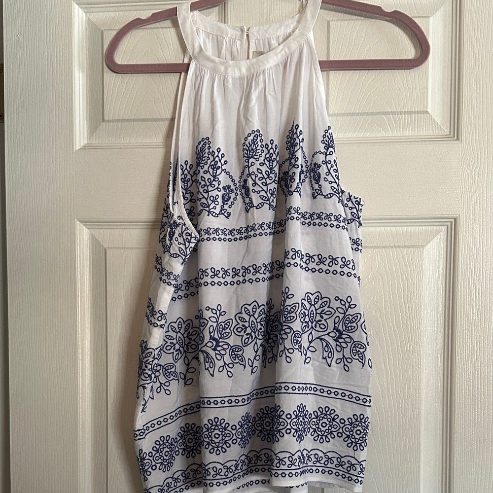LOFT White Tank Top with Navy Blue Floral Print
